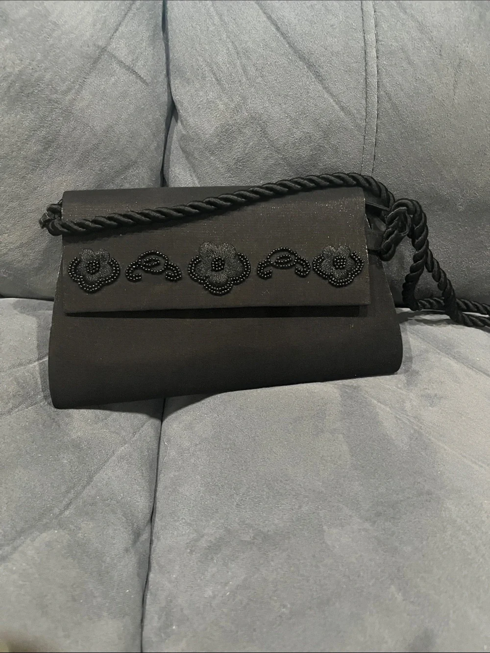 Black Beaded Floral Evening Clutch